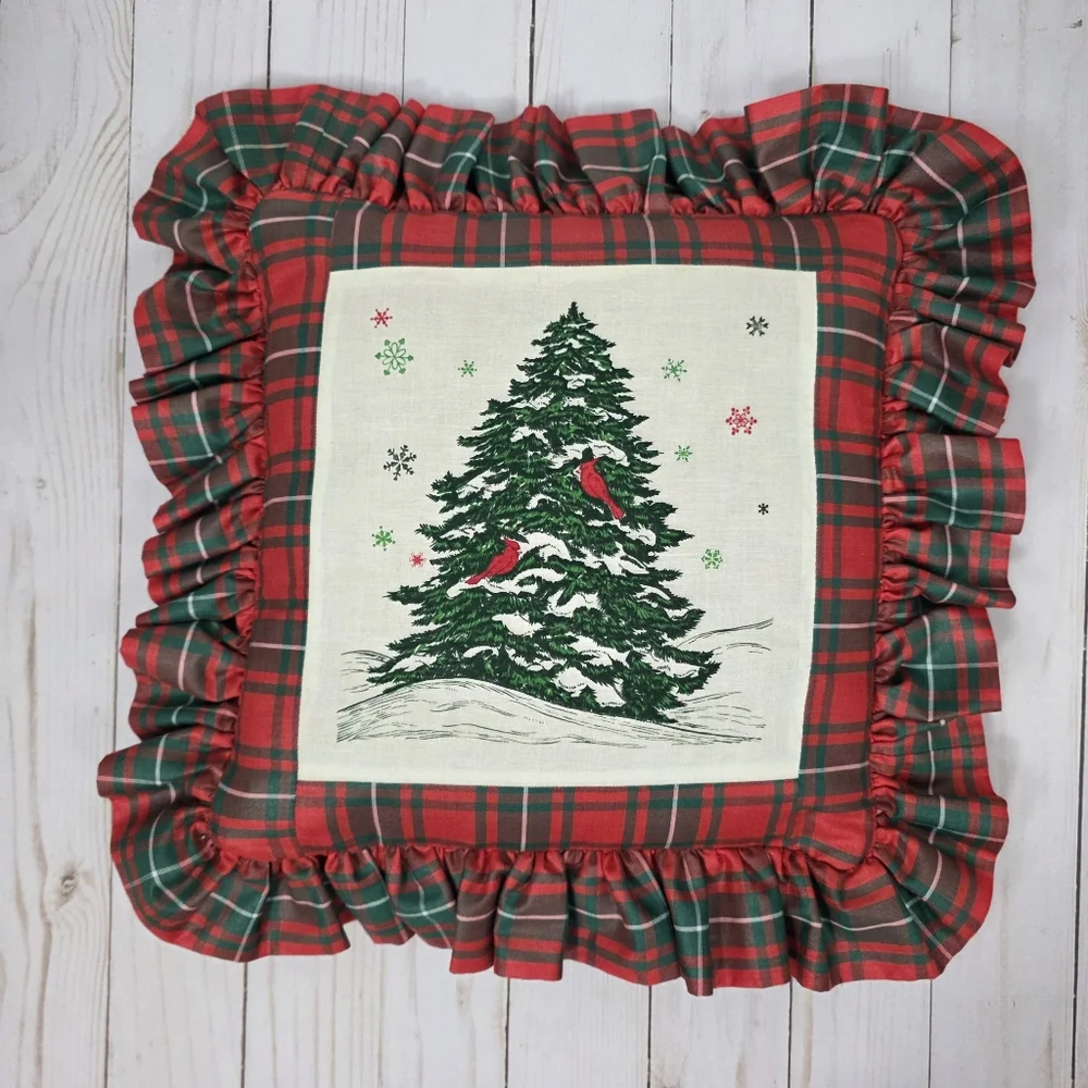 Vintage Christmas Pillow Ruffles Tree with Red Birds